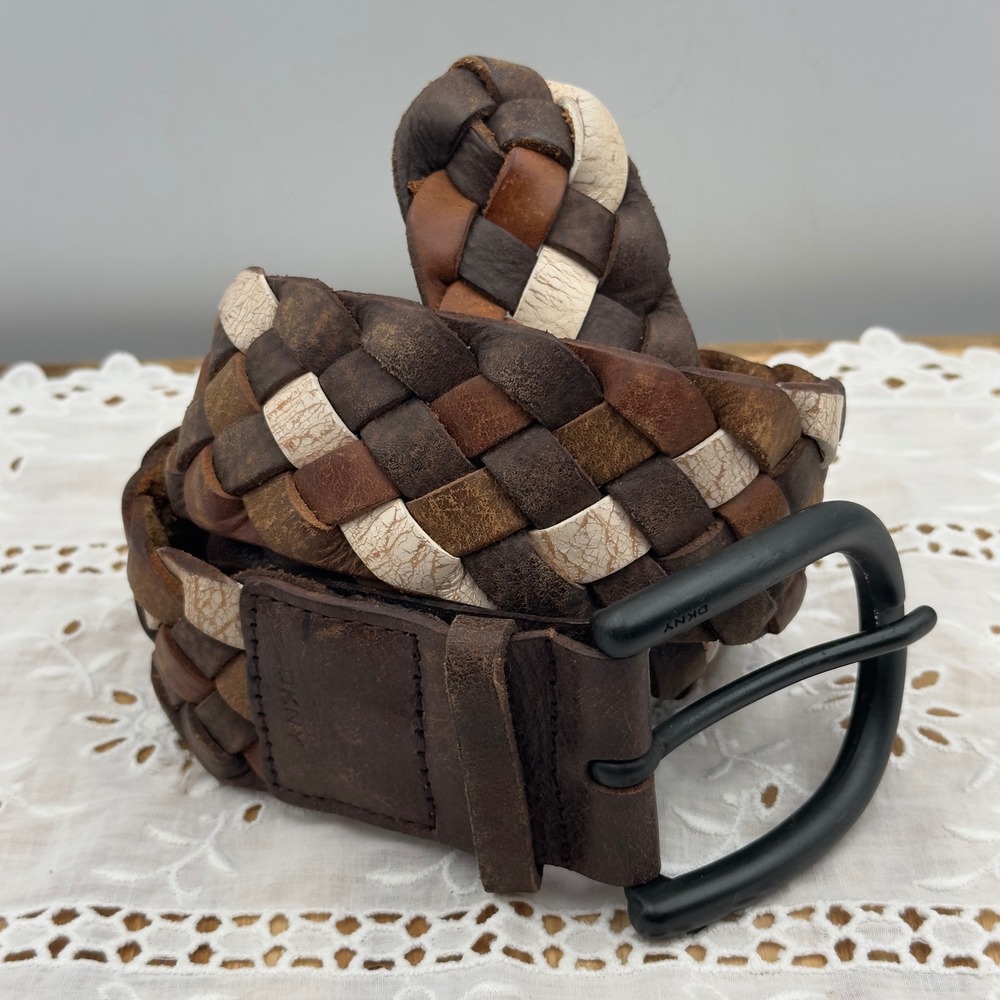DKNY Belt Brown Braided Leather Multi-Tone Wide Y2K Medium Boho Western